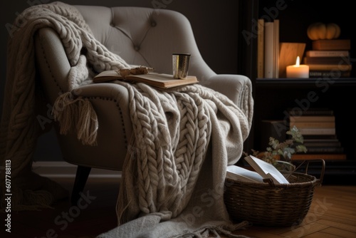 cozy reading nook with basket of books, blanket, and glass of wine, created with generative ai