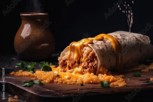 close-up of freshly made burrito with melting cheese and spicy sauce, created with generative ai