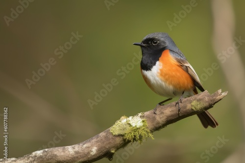 male redstart perched on branch, with wings spread, created with generative ai