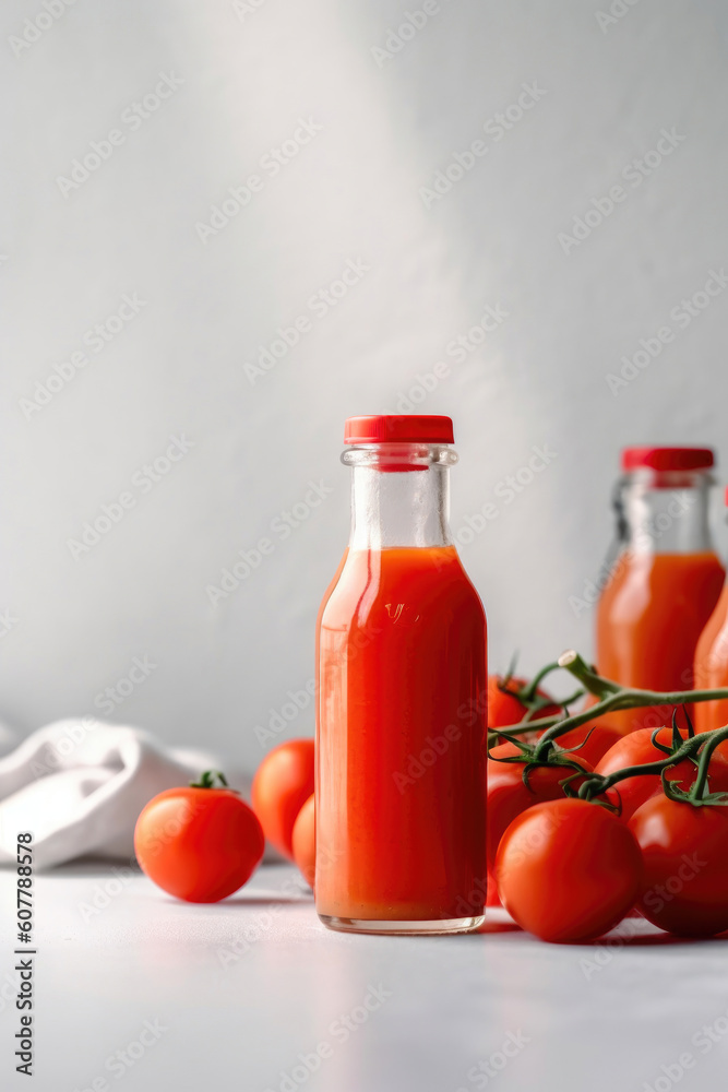 Vibrant Tomato Juice in a Minimalist Setting. Generative AI Vibrant Tomato Juice in a Minimalist Setting. Generative AI
