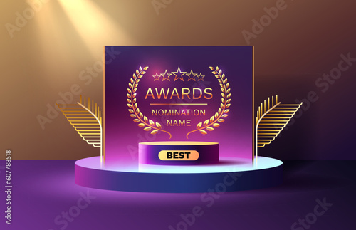 Best Awards nomination name podium, golden prize event, scene star ceremony. Vector illustration photo