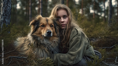 Happy young woman sitting with his dog in park outdoors Generative AI © PaulShlykov