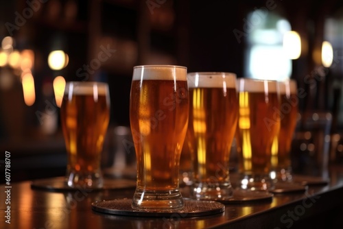 draught beer in glasses on blurred background of busy bar, created with generative ai