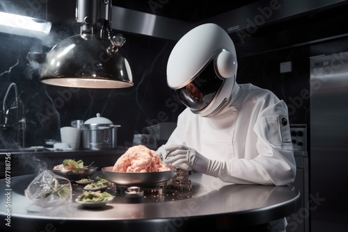 alien chef  using cutting-edge culinary technology to prepare gourmet earth dishes  created with generative ai