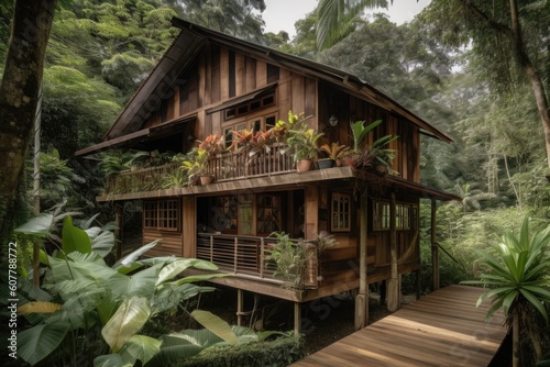 eco-friendly guesthouse, surrounded by lush greenery, with wooden exterior and natural accents, created with generative ai © Alfazet Chronicles