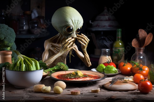 humorous image of alien participating in bizarre human activity, such as eating strange food or dancing, created with generative ai