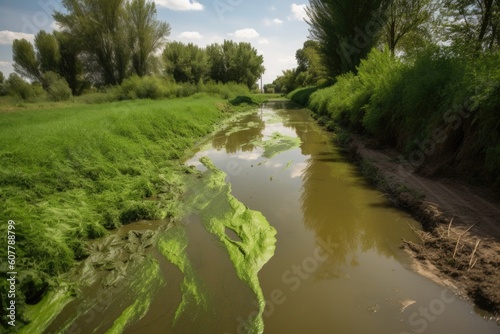 a stream full of algae and other pollutants from agricultural runoff, created with generative ai