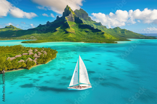 Aerial view of a lone sailboat drifting through crystal-clear waters, with the lush jungle-covered mountain of Bora Bora in the distance - Generative AI photo