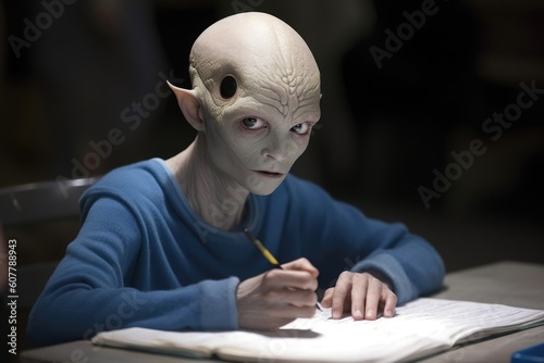 alien student taking a test, with his otherworldly intelligence evident in the answers he writes, created with generative ai