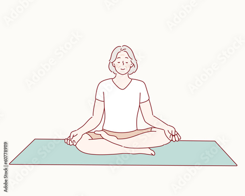 Senior woman doing sports, grandmother character doing morning exercises. Hand drawn style vector design illustrations.