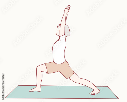 Senior woman doing sports, grandmother character doing morning exercises. Hand drawn style vector design illustrations.