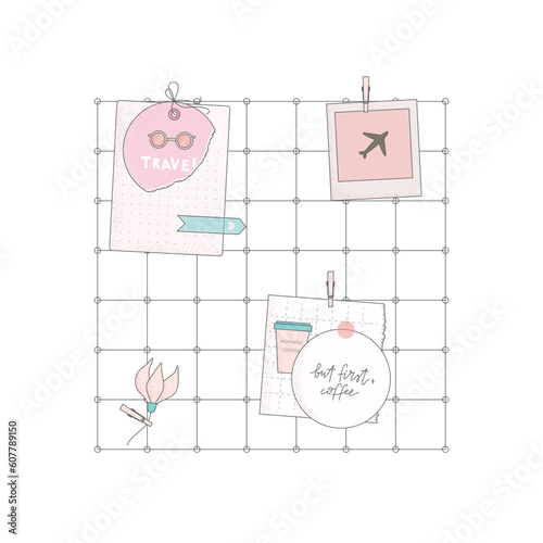 Vector illustration with cute paper notes, flower, clip. Wall mood board inspiration