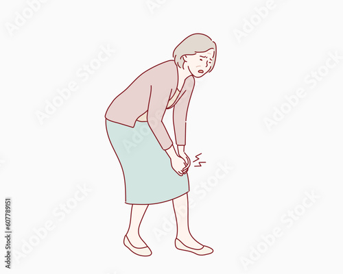 Retired women fell down. Old woman with her arm on her knee. Hand drawn style vector design illustrations.