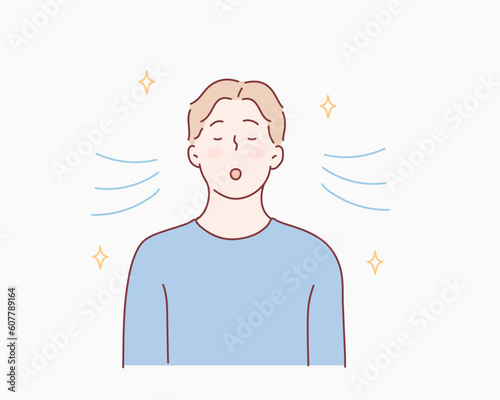 boy is doing breathing exercise, deep exhale and inhale. Breathing exercise. Hand drawn style vector design illustrations.