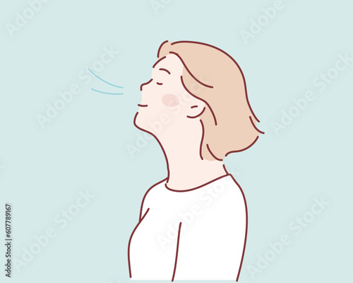 Girl is doing breathing exercise, deep exhale and inhale. Breathing exercise. Hand drawn style vector design illustrations.