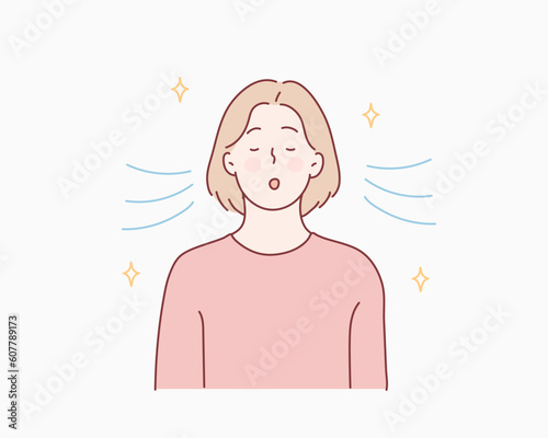 Girl is doing breathing exercise, deep exhale and inhale. Breathing exercise. Hand drawn style vector design illustrations.