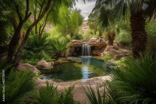 desert oasis with waterfall, surrounded by lush greenery, created with generative ai © Alfazet Chronicles
