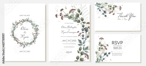 Elegant set of rustic wedding invitations and thank you cards with plants  leaves and dried flowers. Vector template