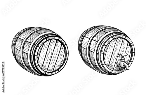 Oak wooden barrel ink illustration. Hand drawn engraving style barrel with crane . Vintage vector