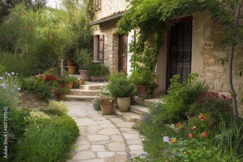 lush garden and stone path leading to the front door of a mediterranean house, created with generative ai © Alfazet Chronicles