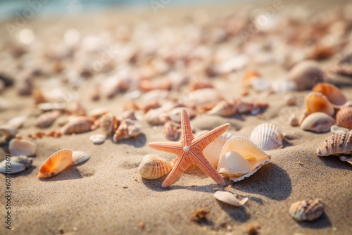 Starfish and seashell on the summer beach shore in sea water. Summer holidays illustration - sea inhabitants on a tropical exotic beach sand against a sunny seascape. Generative AI.