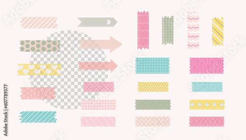Cute simple washi tape, scotch paper stickers for scrapbooking of japanese style decorated of line, dots, waves