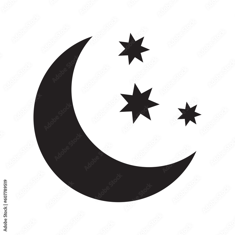 Crescent moon with stars icon on white background. Night icon. Crescent moon icon. Minimalist style. Crescent moon with stars icon on white background. Night icon. Crescent moon icon. Minimalist style.