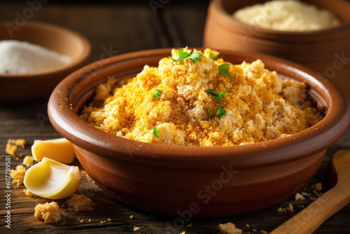 A bowl with migas on wooden table, a traditional dish in the spanish cuisine made with breadcrumbs. Ai generative photo