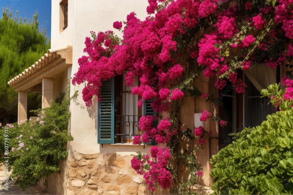 exterior of classic mediterranean house with lush bougainvillea climbing up the walls, created with generative ai