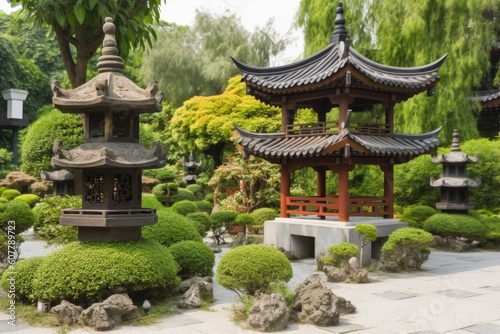 peaceful china pagoda garden, with stone lanterns and bonsai trees, created with generative ai