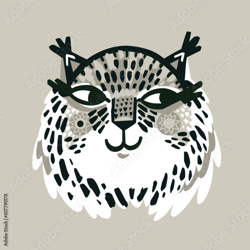 Cute lynx portrait with decorative abstract elements in monochrome