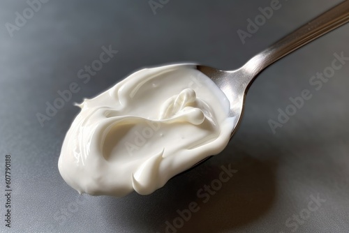 Greek yogurt on a spoon, with a creamy, smooth texture