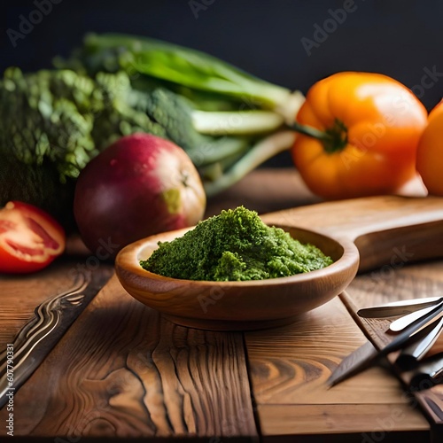 Fresh herb powder and fresh vegetables on a wooden table - Ai