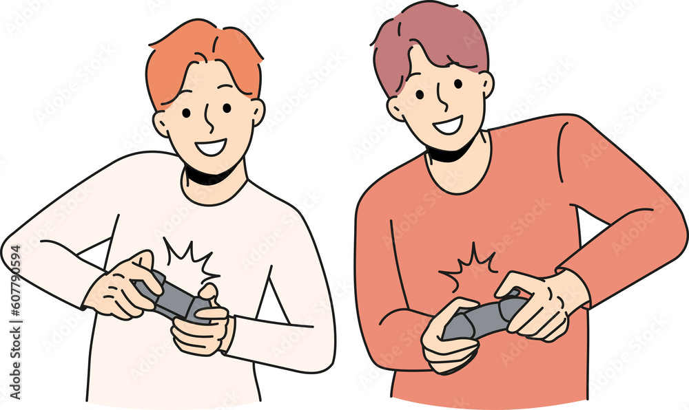 Happy guys have fun playing video games