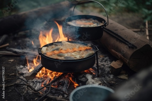 campfire cook with portable stove, preparing hot and delicious meal for hungry campers, created with generative ai