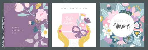 Fototapeta Naklejka Na Ścianę i Meble -  Set of greeting cards for Mother's Day with beautiful flowers and a gift box.Calligraphic lettering.Vector illustration
