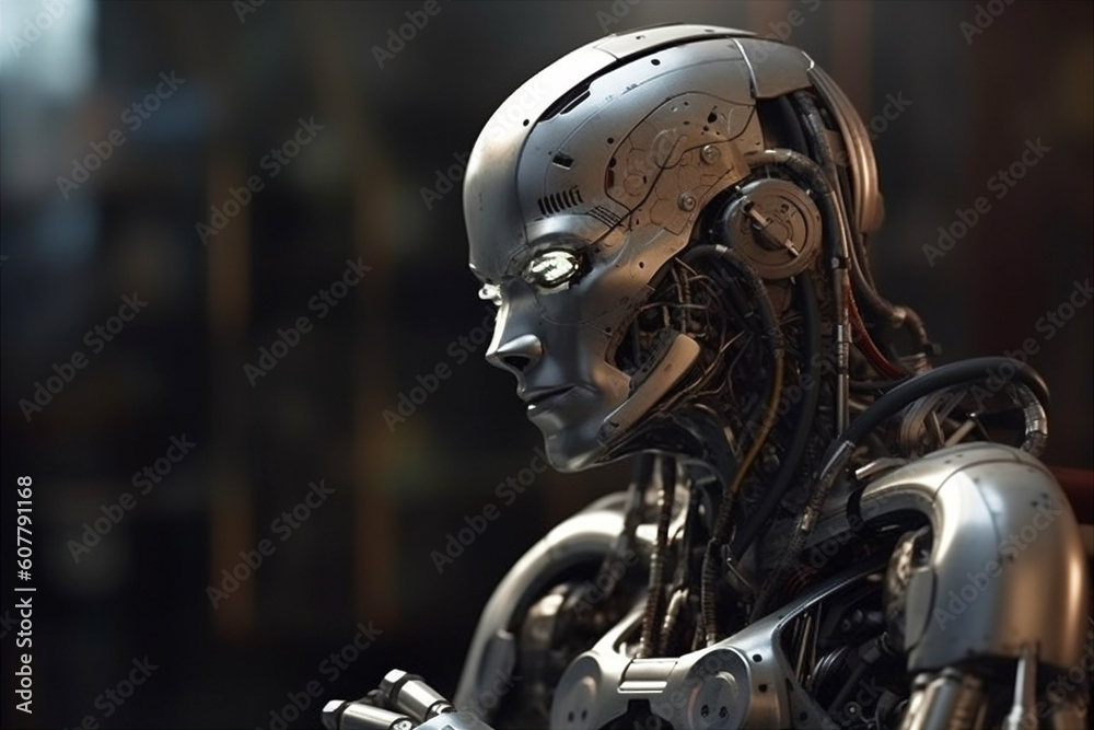 Fototapeta premium Contemplative Robot, Thoughtful Artificial Intelligence. AI generated