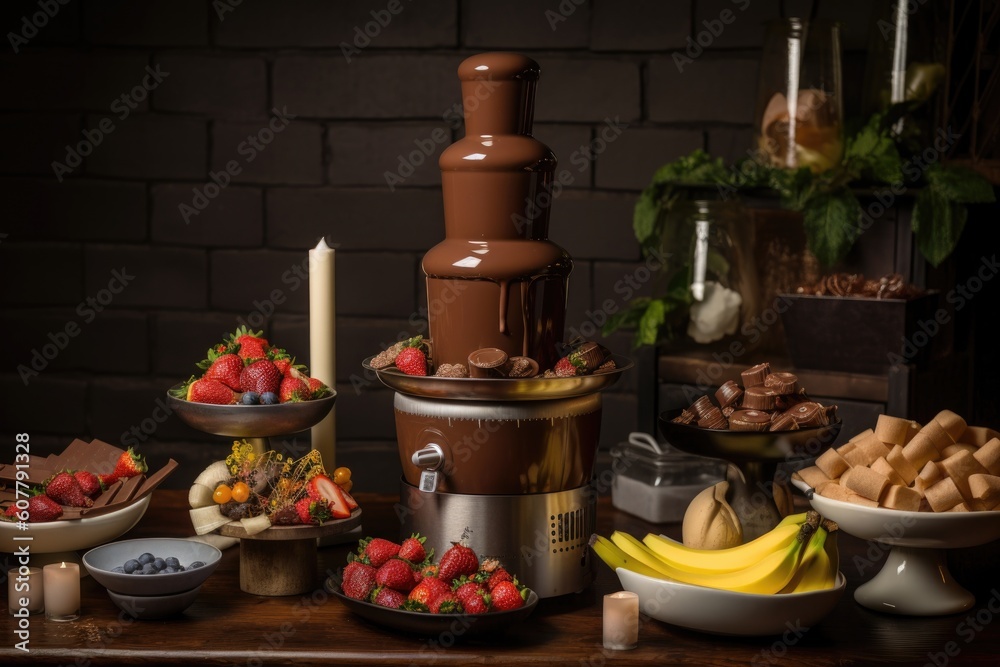 chocolate fountain with a variety of chocolate treats, including fruits and marshmallows, for dipping, created with generative ai