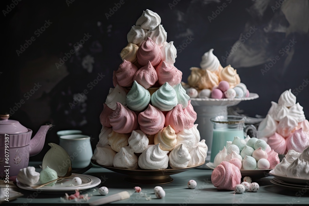 meringues piled high and arranged into a tower for memorable dessert, created with generative ai