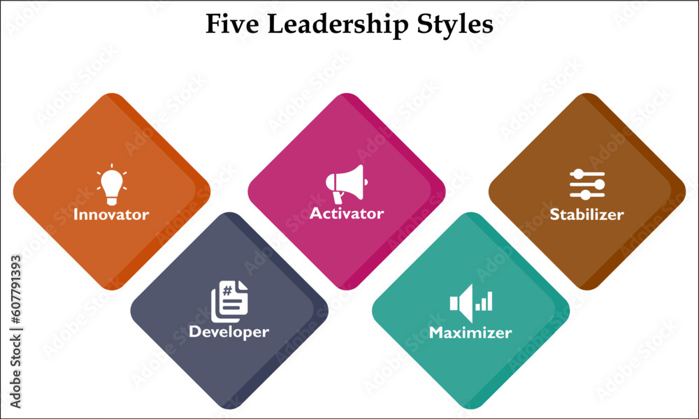 Five Leadership styles - Innovator, developer, activator, maximizer, stabilizer. Infographic template with icons