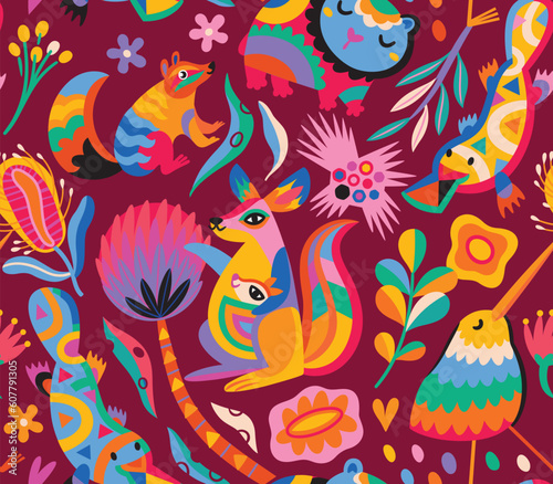 Seamless pattern with abstract Australian animals, flowers and leaves. Vector illustration