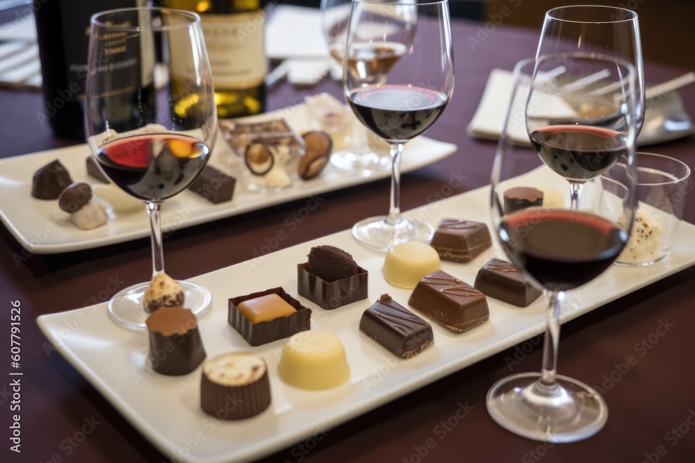 chocolate and wine pairing, with a variety of chocolates and wines to try, created with generative ai chocolate and wine pairing, with a variety of chocolates and wines to try, created with generative ai