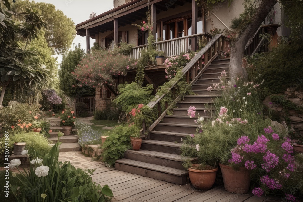 mediterranean house with lush garden, blooming flowers and wooden deck, created with generative ai