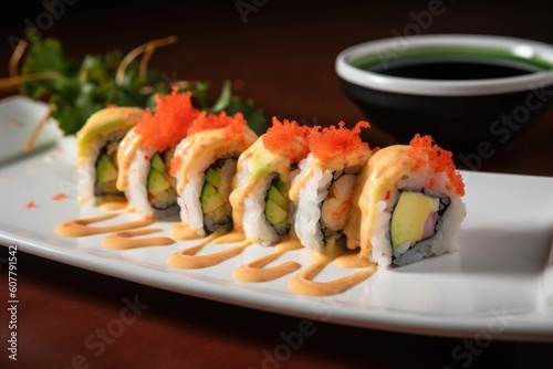 a plate of fusion sushi roll with tempura shrimp and spicy mayo, created with generative ai