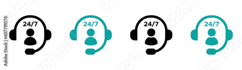 twenty four seven service vector icons. Headphone and people icon with text twenty four seven sign