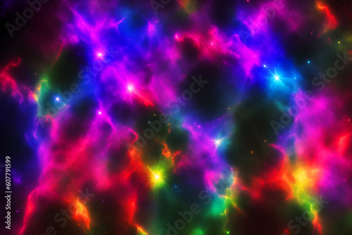 Colorful nebula. Deep space. Bright stars. Beautiful fantasy multicolor universe. Outer space background with vibrant nebula, stars, wallpaper. Illustration. Generative AI