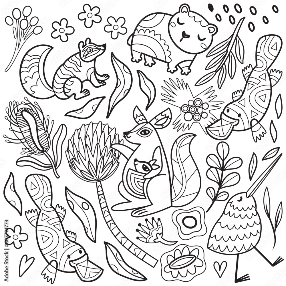 Abstract Australian animals, flowers and leaves set. Vector linear drawing