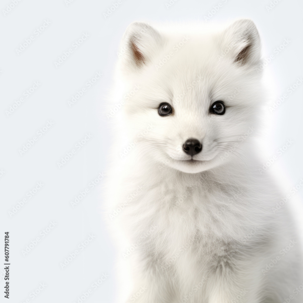 Cute baby arctic fox isolated on a white background. Generative AI