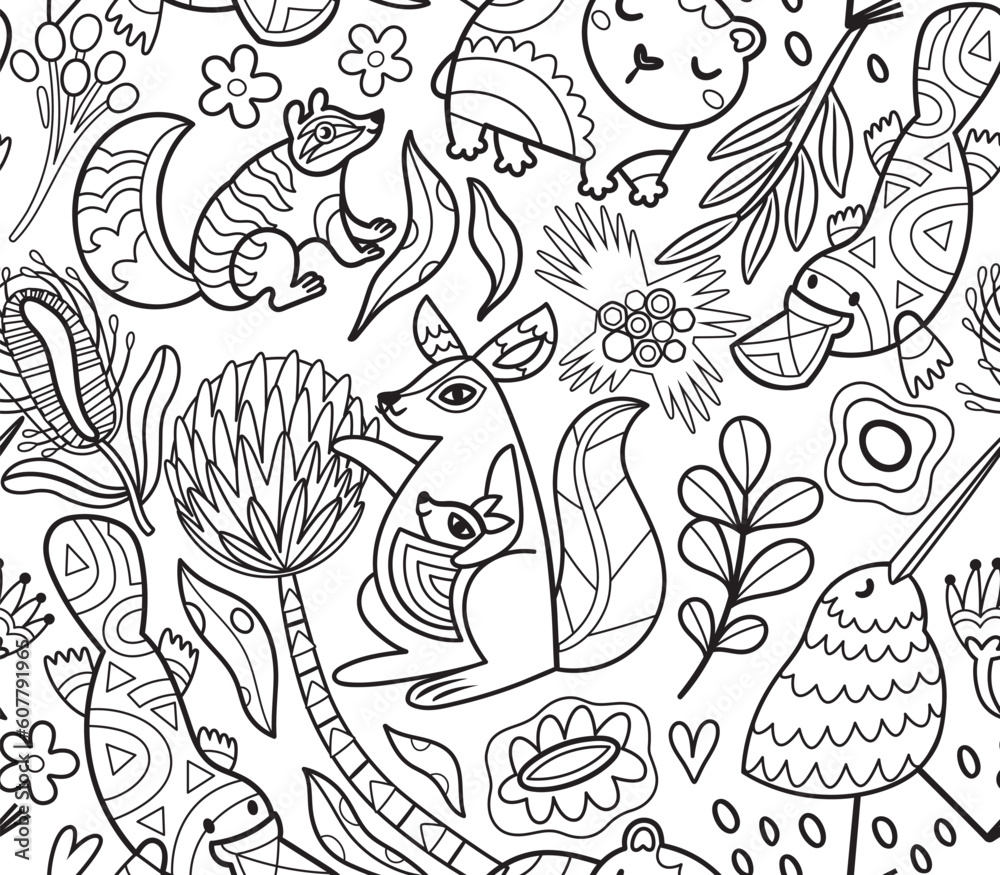 Fototapeta premium Seamless pattern with abstract Australian animals, flowers and leaves. Vector linear