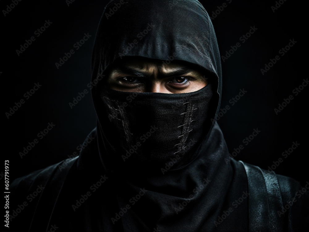 A masked ninja on a dark background, generative AI art illustration A masked ninja on a dark background, generative AI art illustration